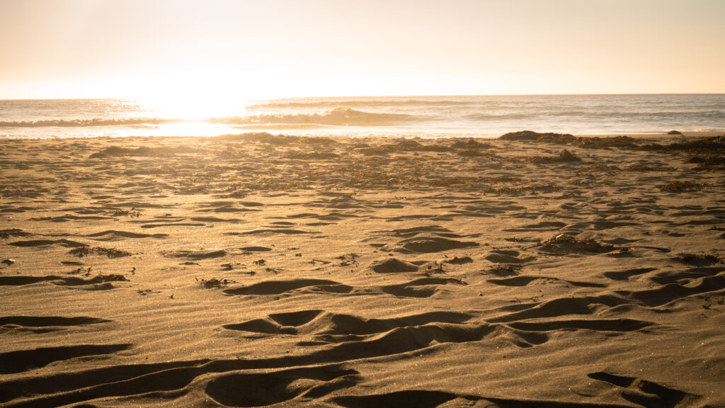Photographie de coucher de soleil sur le sable aux ils Lofoten